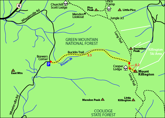 hike mount killington, mount killington trail map, killington bucklin trail, long trail, mt killington cooper lodge map, wheelerville road route 4